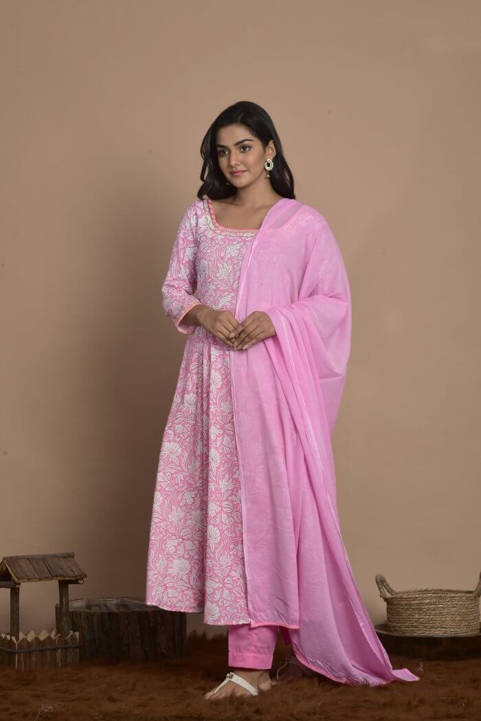 PINK BLOCK PRINT FLARED DRESS WITH PANT AND DUPATTA