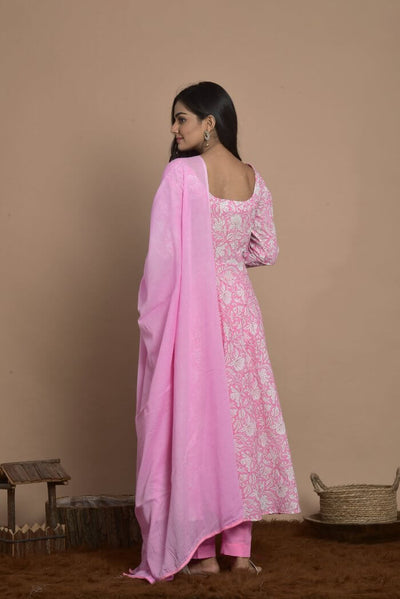 PINK BLOCK PRINT FLARED DRESS WITH PANT AND DUPATTA