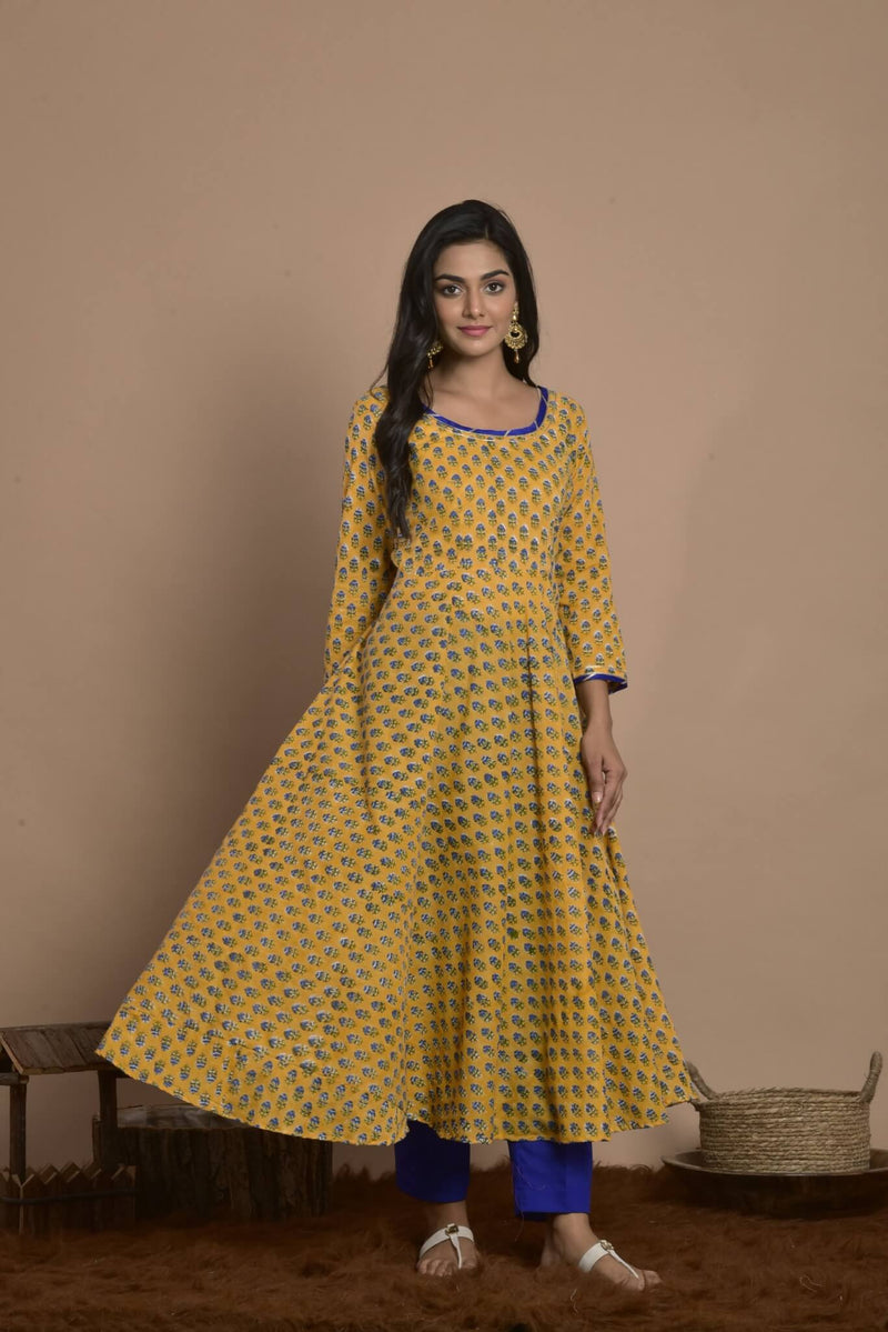YELLOW BLOCK PRINT FLARED DRESS WITH BLUE PANT