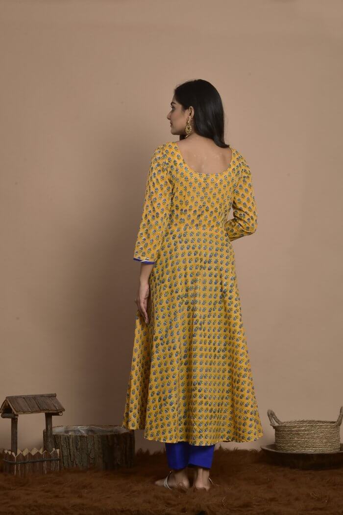 YELLOW BLOCK PRINT FLARED DRESS WITH BLUE PANT