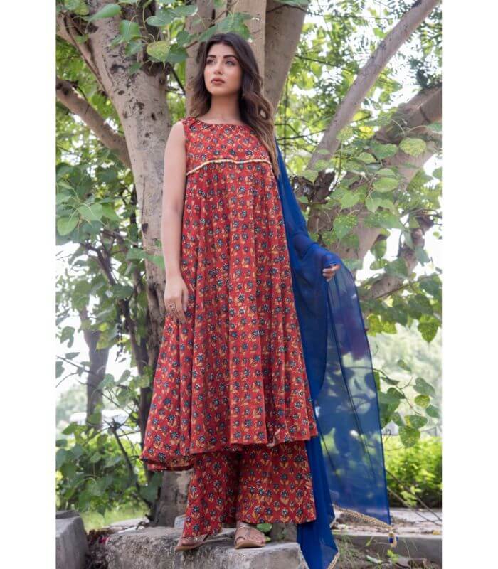 RED MARRON FLARED DRESS WITH PALAZZO WITH BLUE DUPATTA