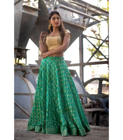GREEN FULL FLARED LEHENGA WITH OFF SHOULDER BLOUSE