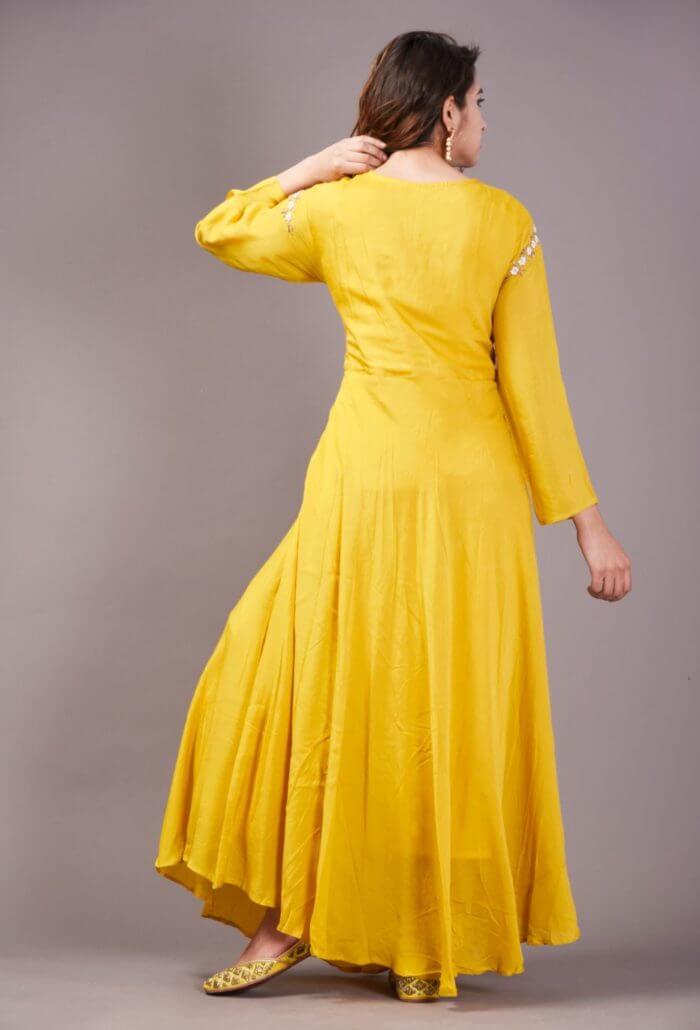 YELLOW WHITE EMBROIDERED FLARED DRESS