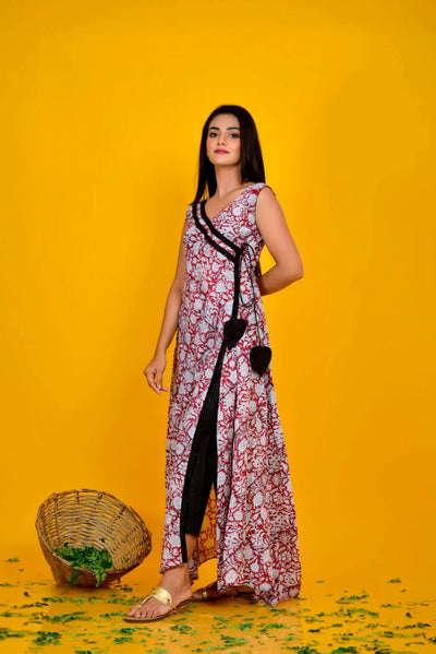RED BLOCK PRINT KNOT DRESS WITH PANT