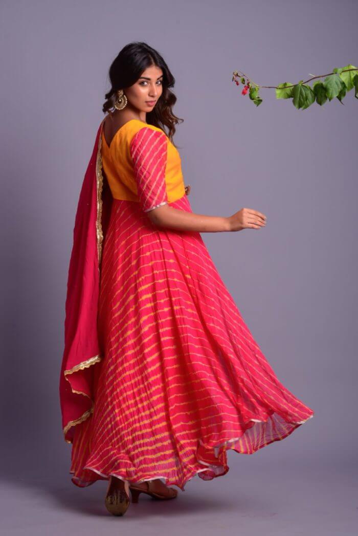 PINK AND YELLOW STRIPED ANARKALI WITH DUPATTA