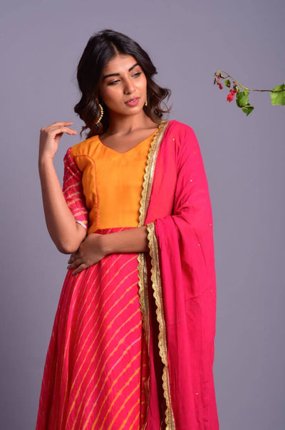 PINK AND YELLOW STRIPED ANARKALI WITH DUPATTA