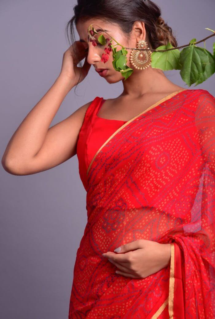 RED CHIFFON SAREE WITH STITCHED BLOUSE