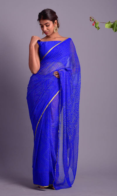 ROYAL BLUE BANDHEJ PRINTED SAREE WITH STITCHED BLOUSE