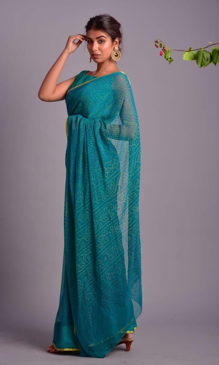 TEAL PRINTED SAREE WITH STITCHED BLOUSE