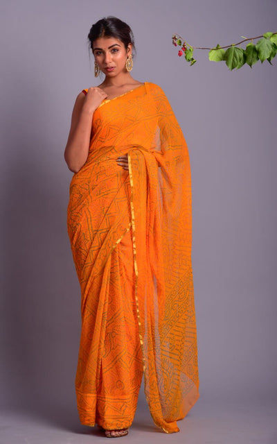 YELLOW BANDHANI PRINTED SAREE WITH STITCHED BLOUSE