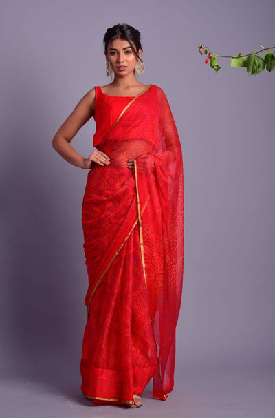 RED CHIFFON SAREE WITH STITCHED BLOUSE