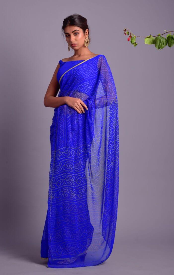 ROYAL BLUE BANDHEJ PRINTED SAREE WITH STITCHED BLOUSE