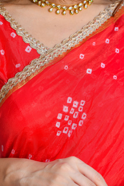 Red bandhani saree (stitched blouse)