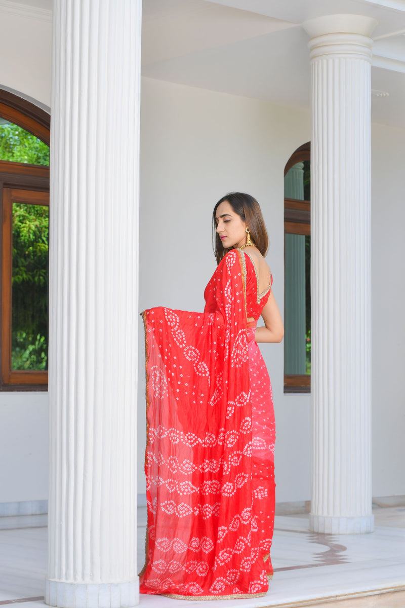 Red bandhani saree (stitched blouse)