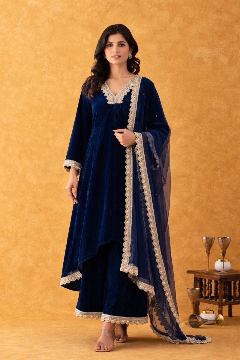 Midnight Blue Velvet Kurta Set
