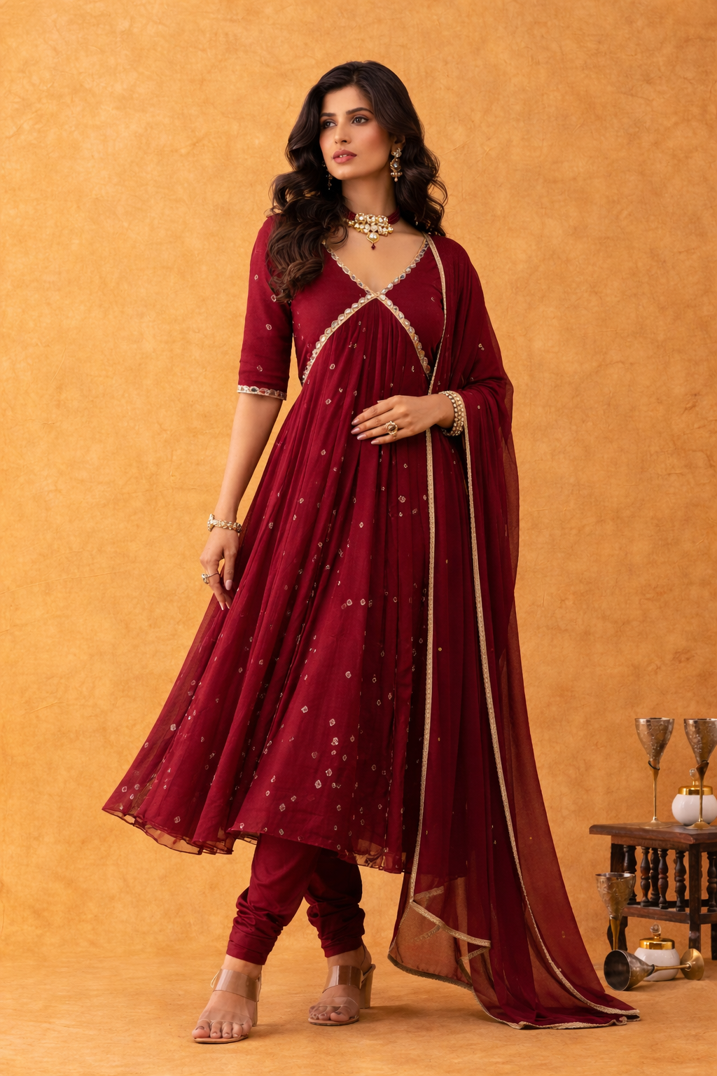 RANGPUR Maroon Bandhani Anarkali Suit Set with Dupatta