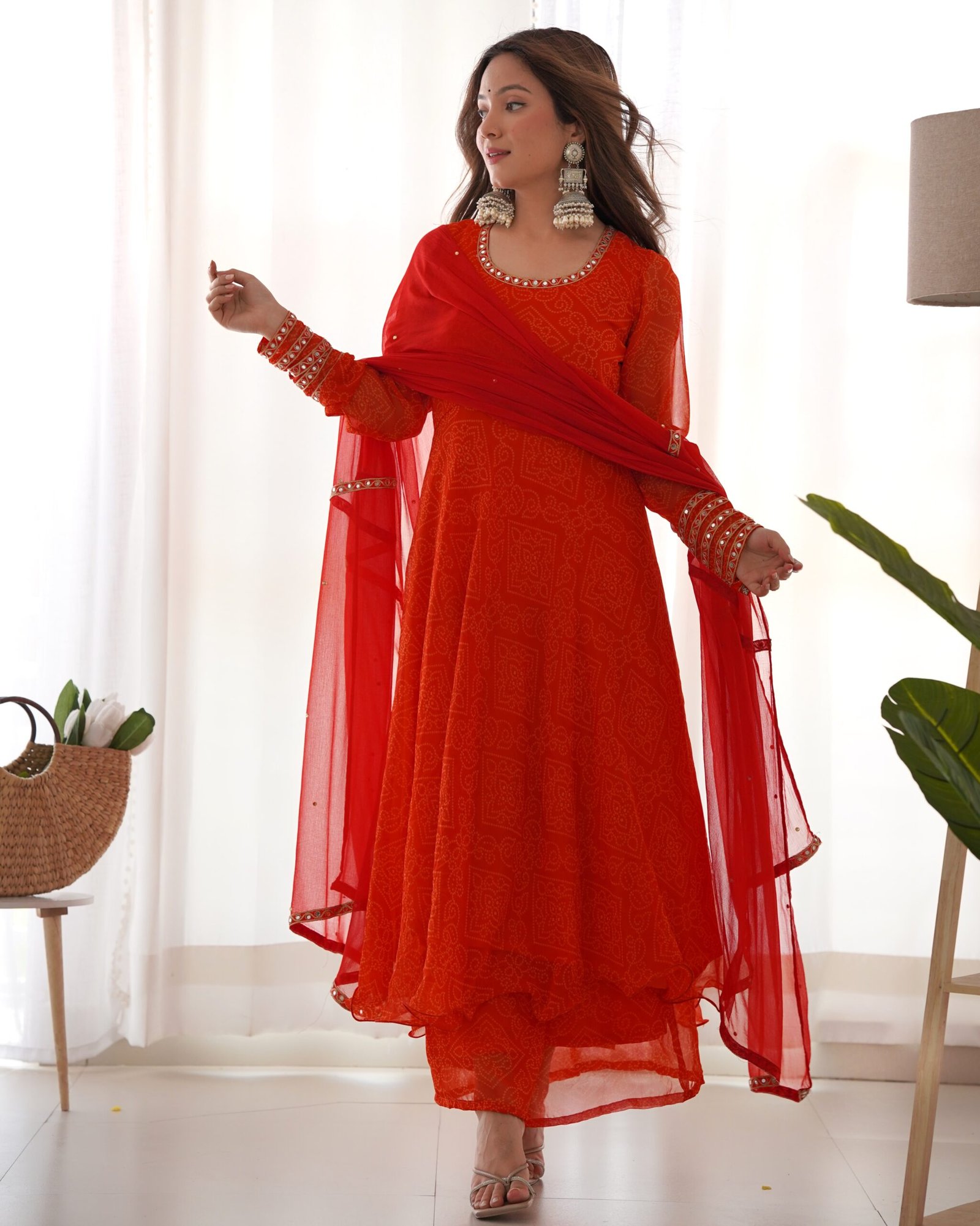 Rangpur Red Bandhej Anarkali Set With Flowy Dupatta
