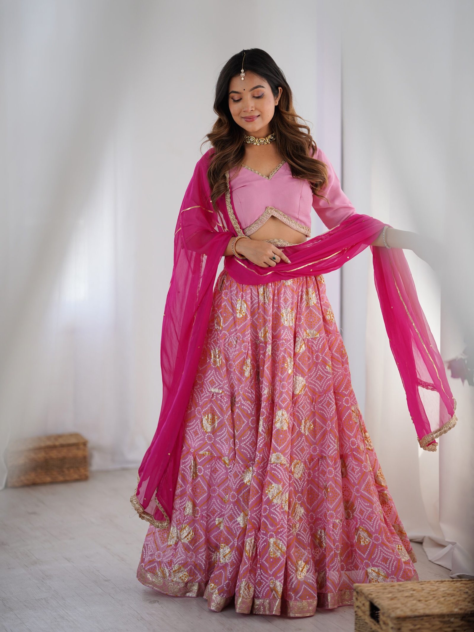 RANGPUR Pink Bandhani Silk Lehenga Set with Unstitched Blouse Fabric