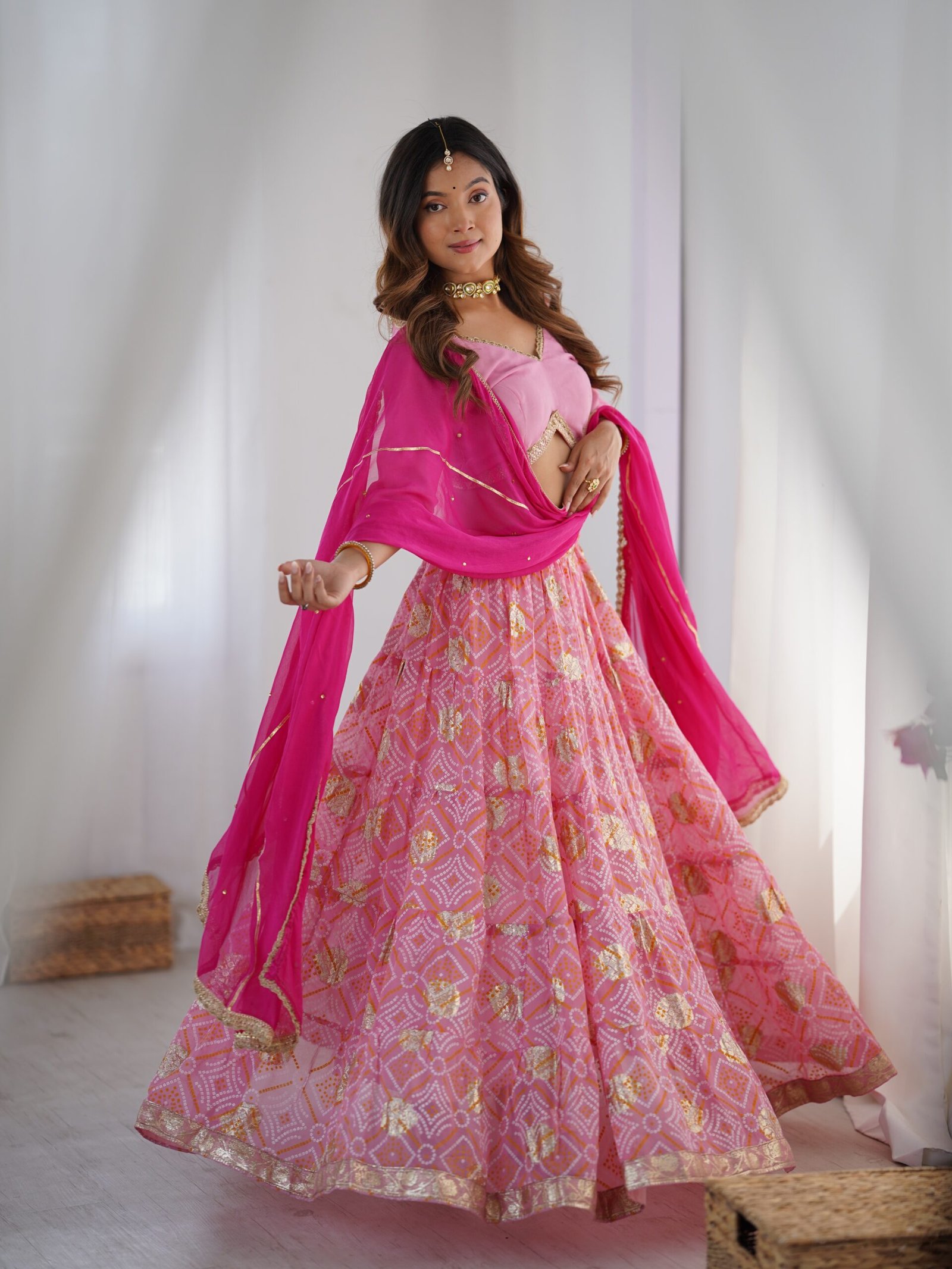 RANGPUR Pink Bandhani Silk Lehenga Set with Stitched Blouse