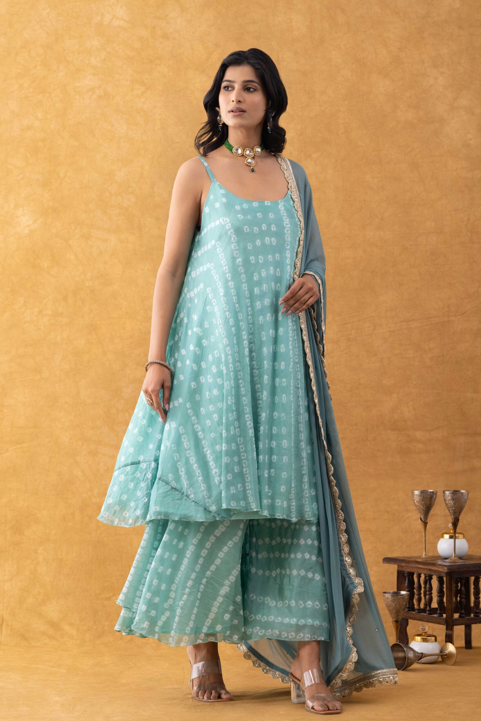 Seafoam Silk Flared Anarkali Set