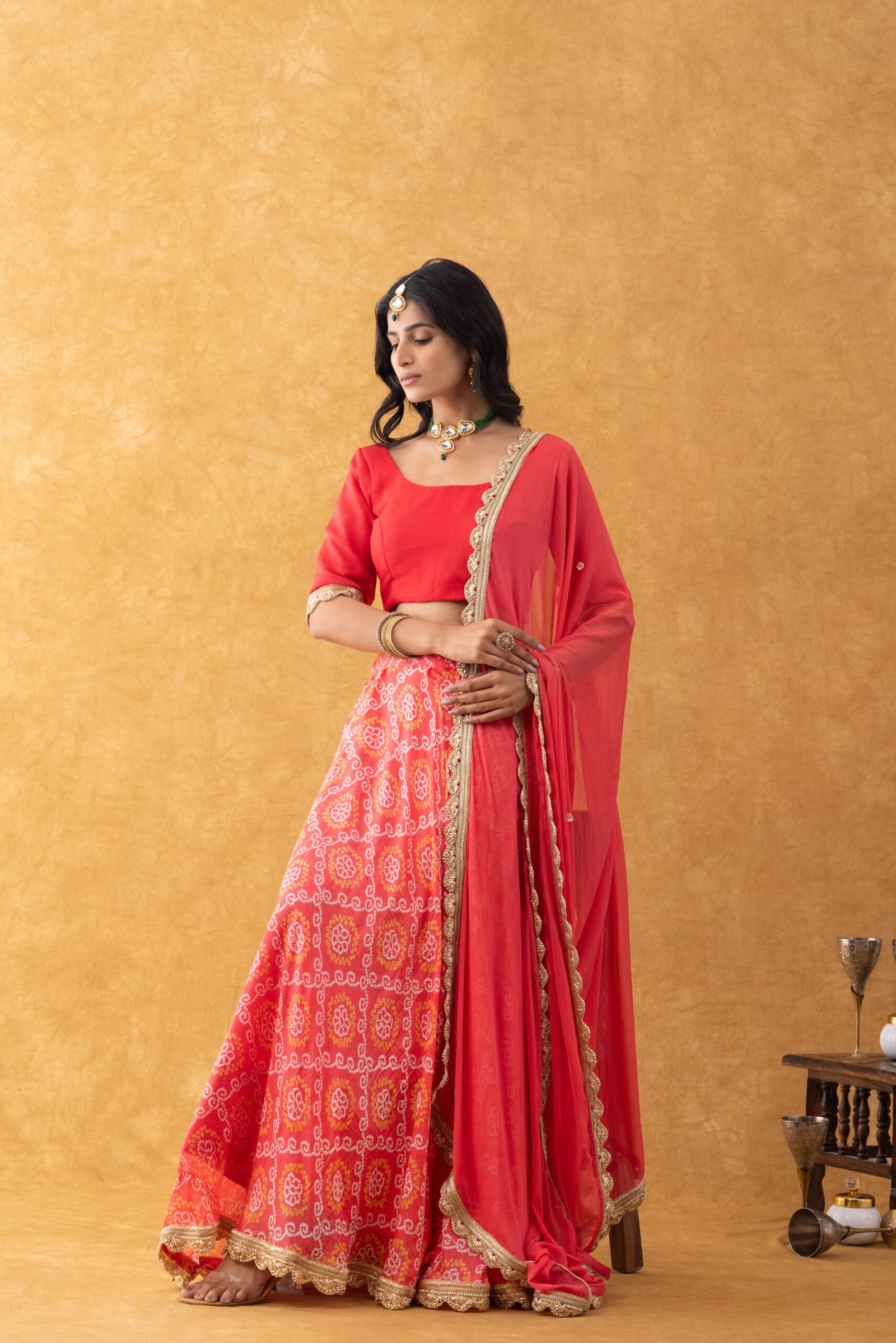 Coral Red Printed Silk Lehenga Set