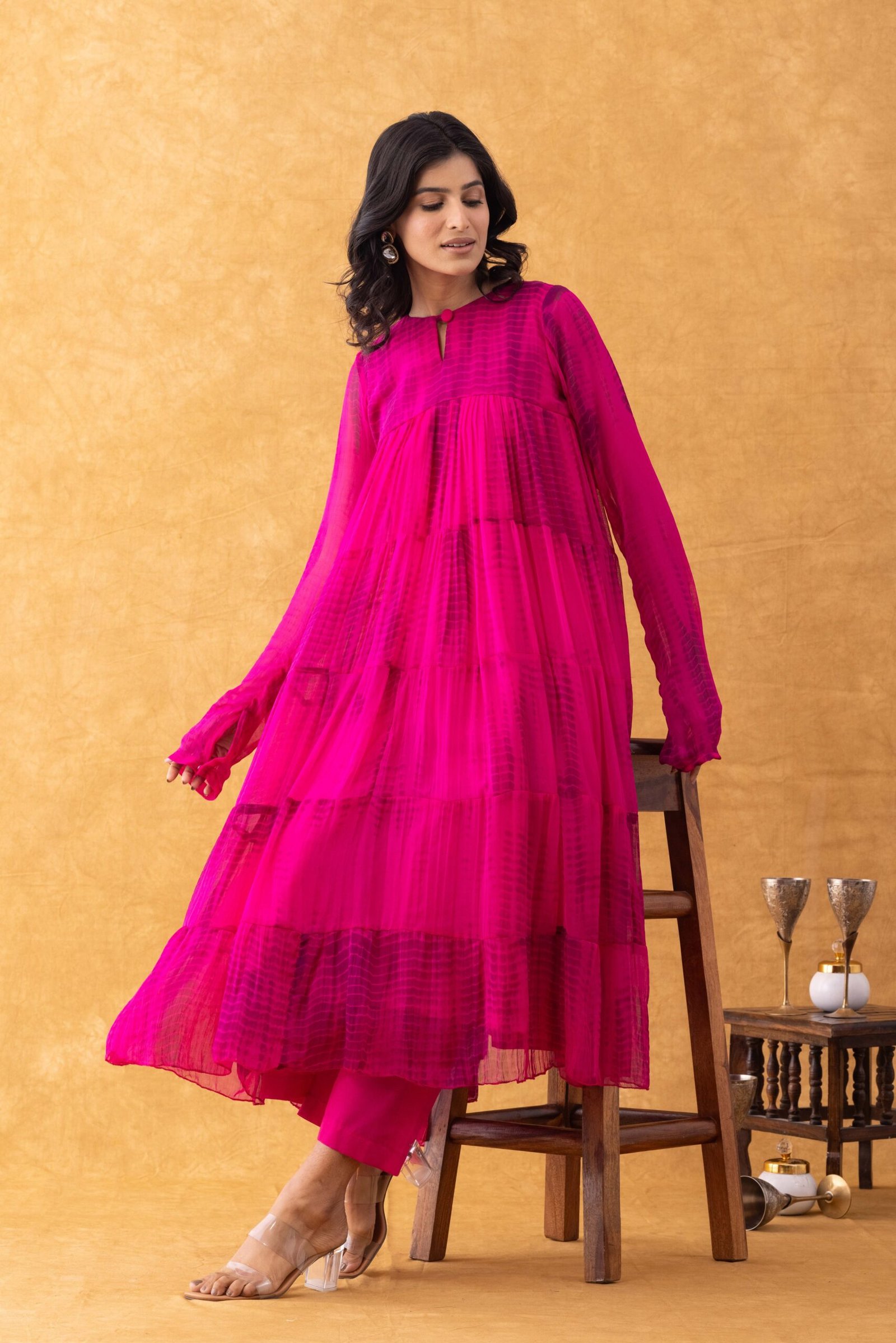 Rangpur Rani Pink Chiffon Tiered Kurta Set - Image 5