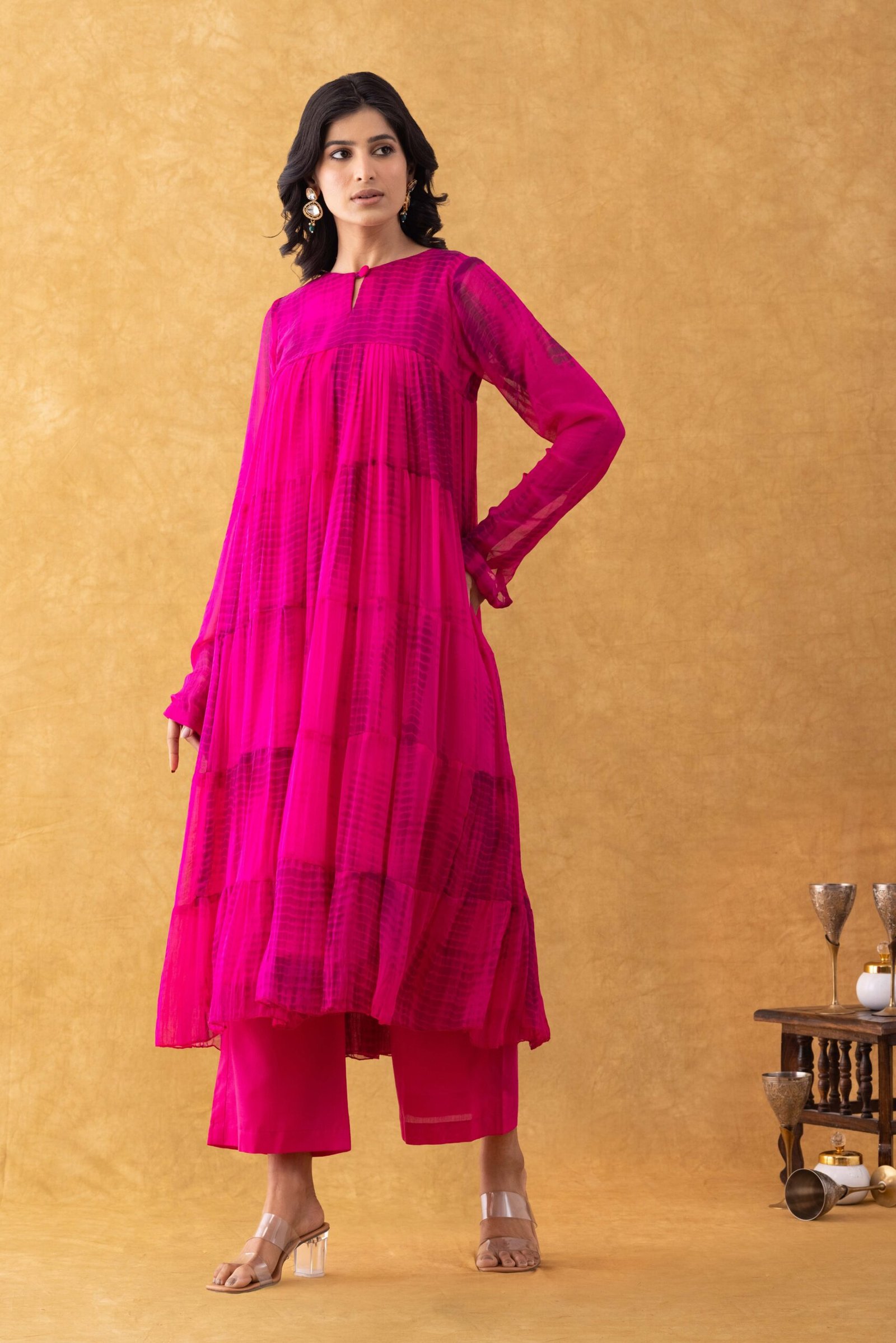 Rangpur Rani Pink Chiffon Tiered Kurta Set - Image 4