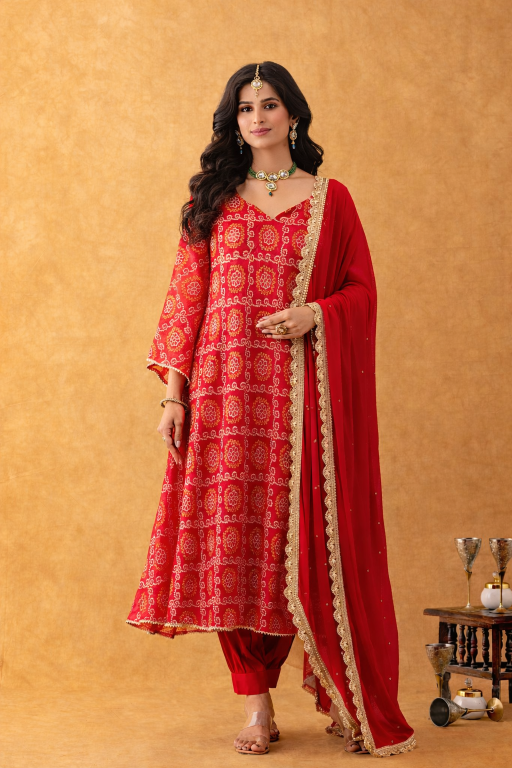 Red Handcrafted Bandhani Silk Kurta Set with Chiffon Dupatta & Cotton Salwar | Rangpur