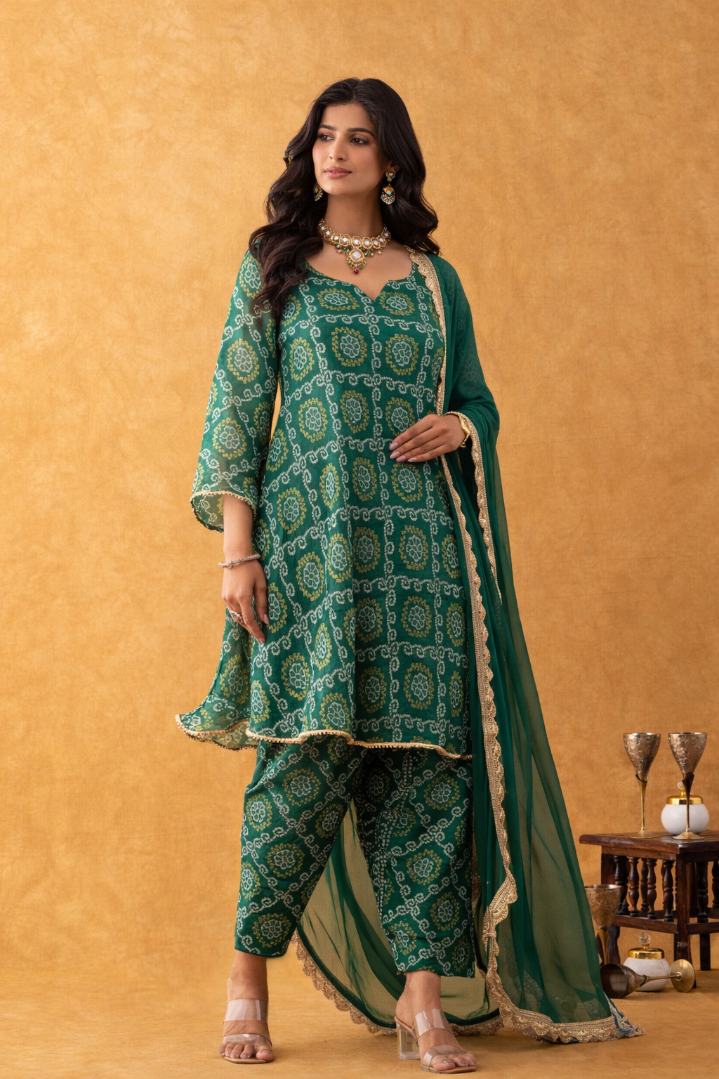 Emerald Green Bandhani Kurta Pant Set with Dupatta