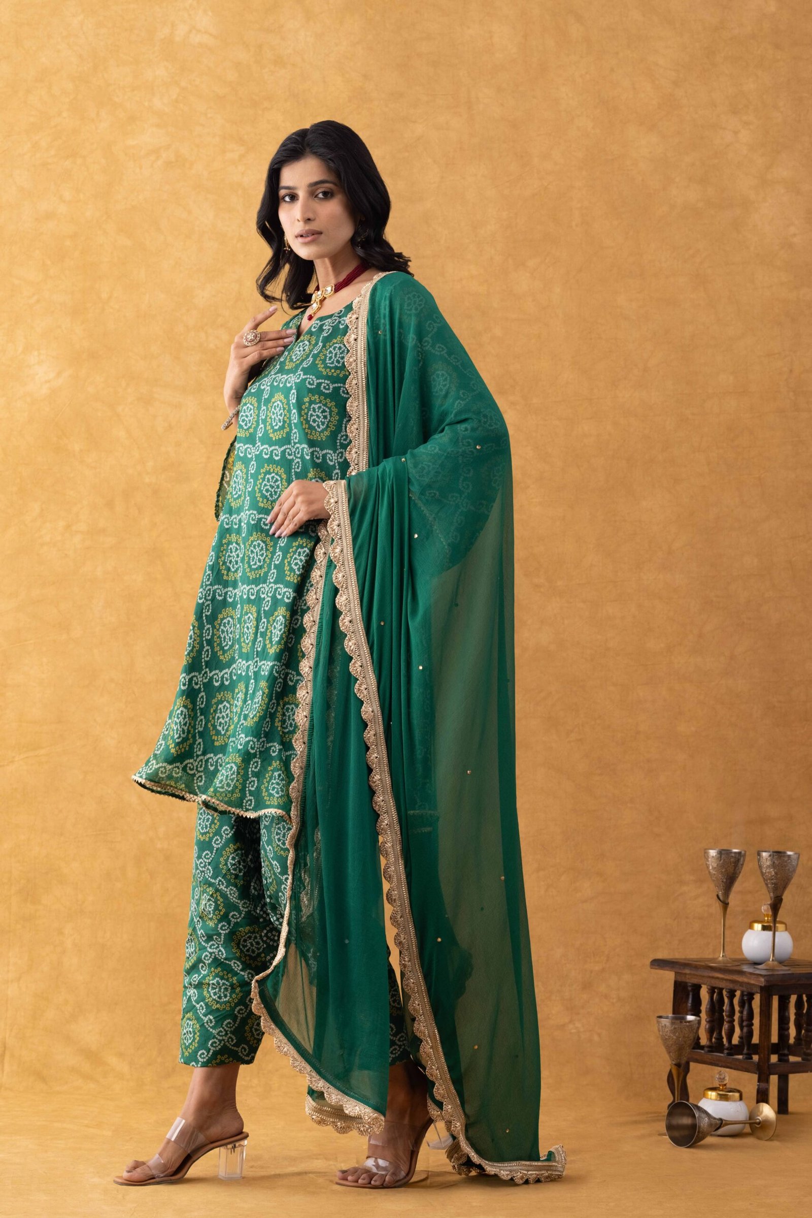 Emerald Green Bandhani Kurta Pant Set with Dupatta - Image 3