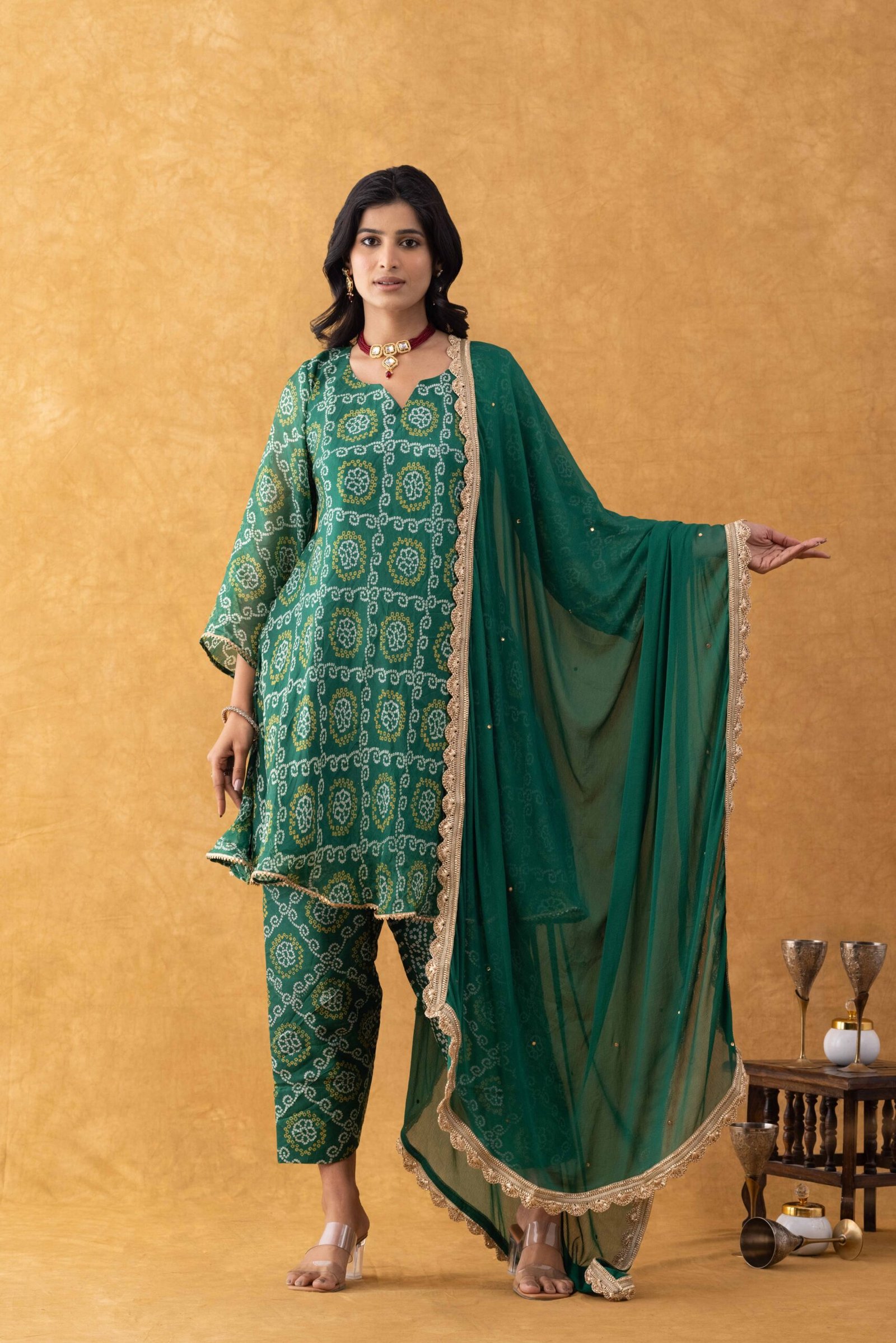 Emerald Green Bandhani Kurta Pant Set with Dupatta - Image 4