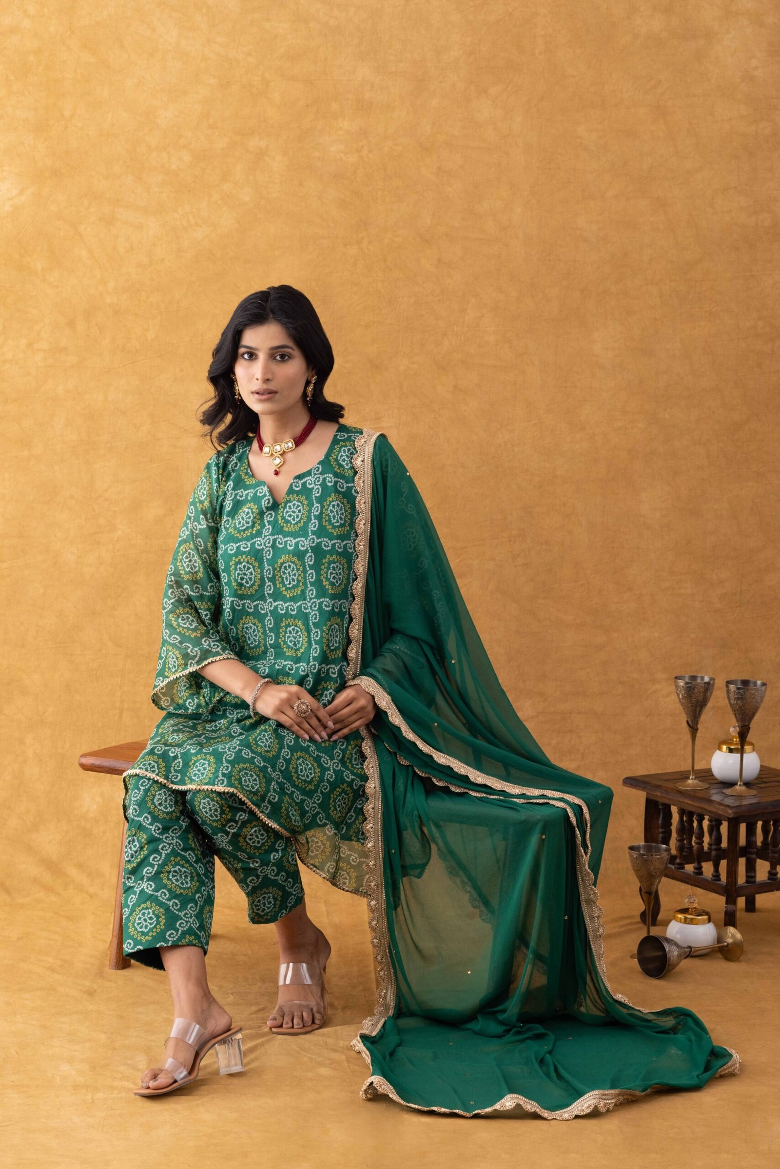 Emerald Green Bandhani Kurta Pant Set with Dupatta - Image 5