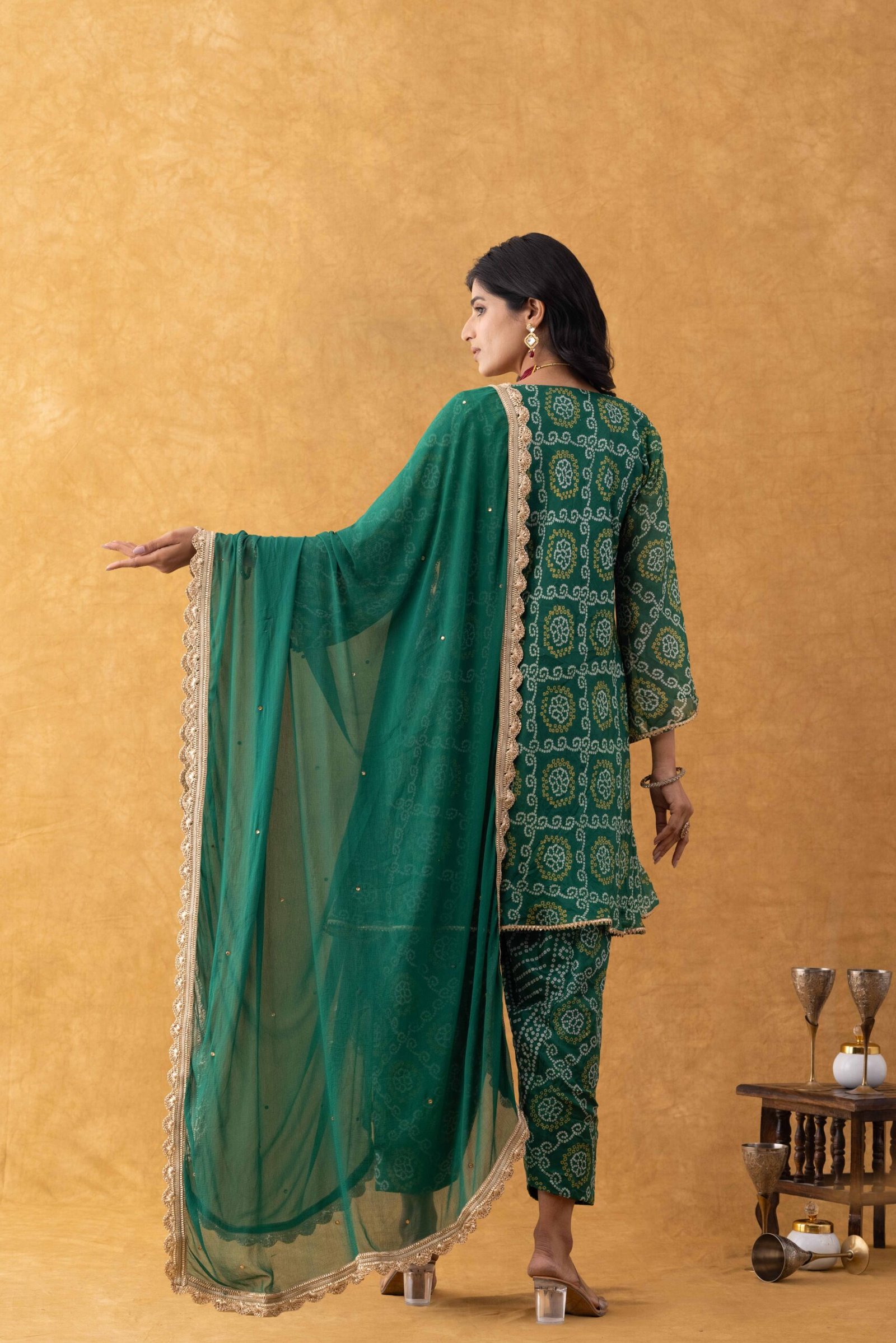 Emerald Green Bandhani Kurta Pant Set with Dupatta - Image 6