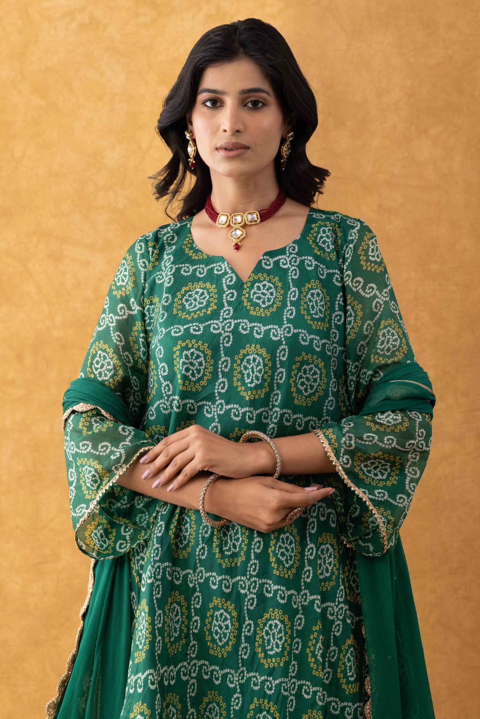 Emerald Green Bandhani Kurta Pant Set with Dupatta - Image 7