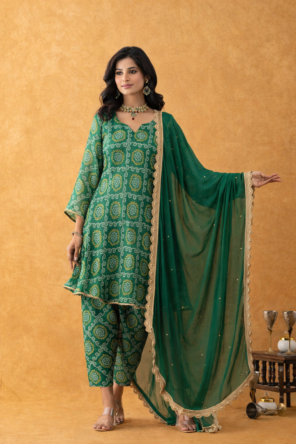 Emerald Green Bandhani Kurta Pant Set with Dupatta - Image 8