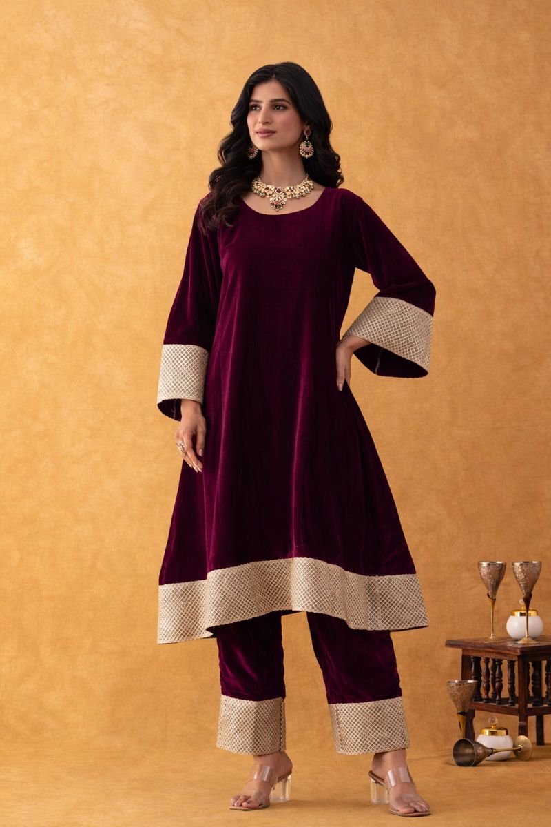 RANGPUR Burgundy Velvet Kurta Pant Set with Gold Borders