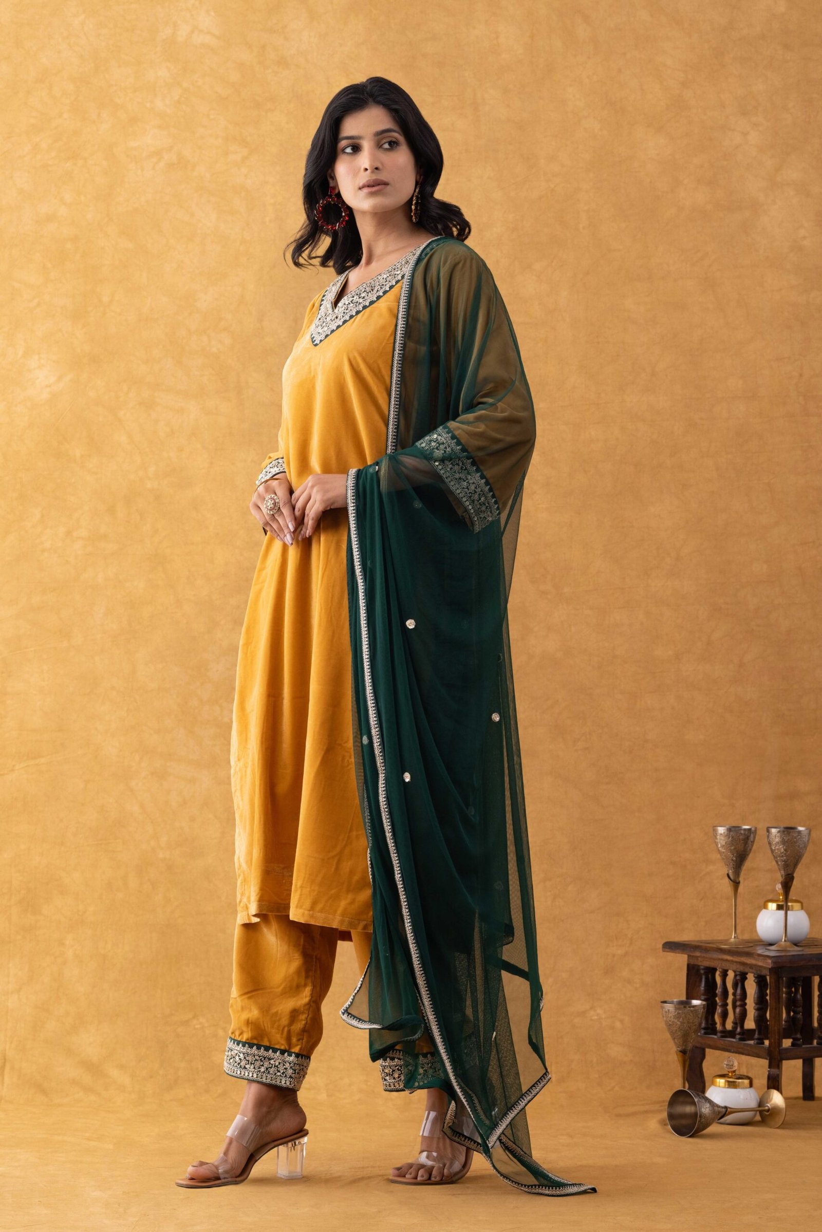 RANGPUR Mustard Velvet Kurta Pant Set with Emerald Green Dupatta