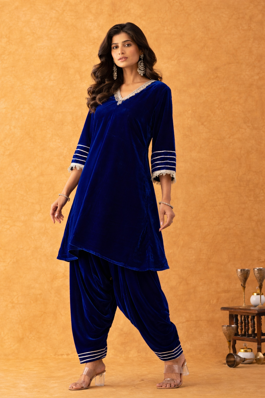 RANGPUR Royal Blue Velvet Kurta Dhoti Pant Set
