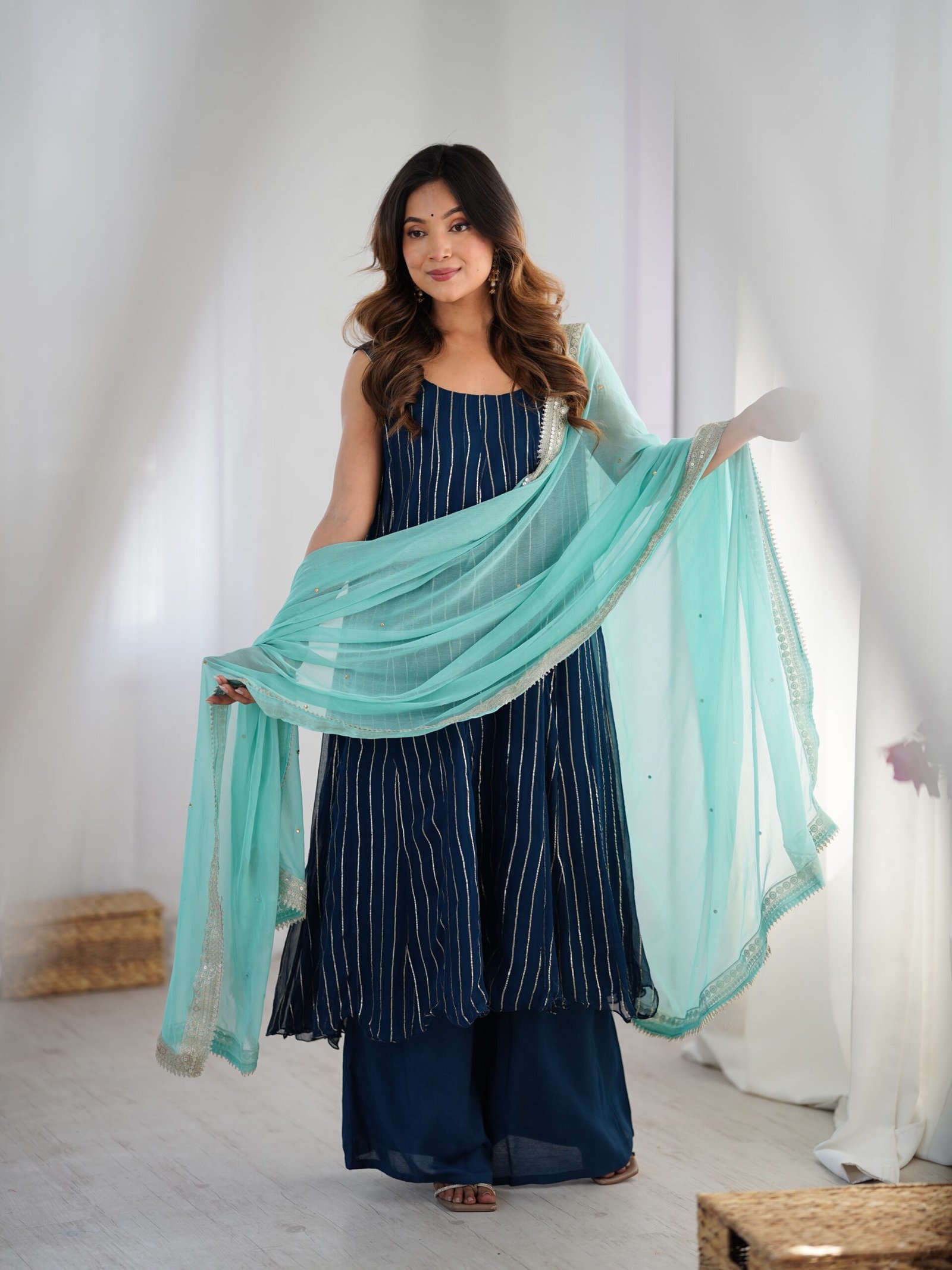 Neel Tara Striped Kurta Set with Aqua Dupatta