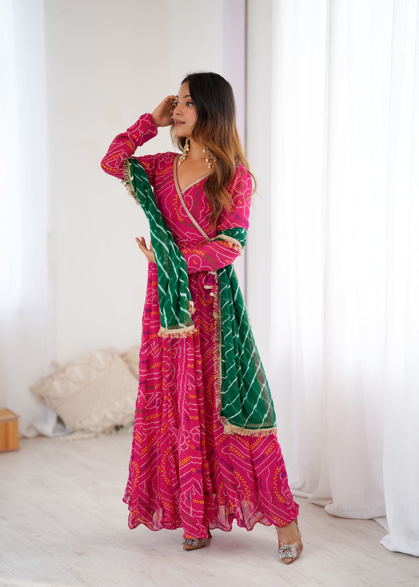 Gulabi Leheriya Georgette Anarkali Set with Chiffon Dupatta - Image 6